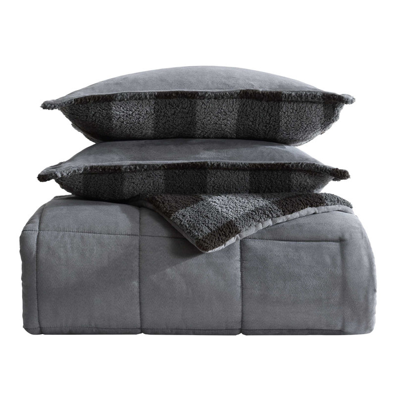 Eddie Bauer Cabin Plaid Micro Suede/Sherpa Reversible Grey Comforter Set, King Comforter + 2 King Shams