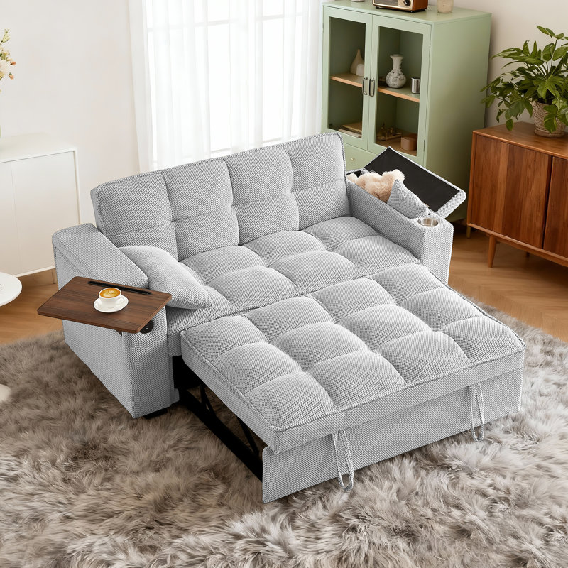 Aurora 65'' 3-in-1 Convertible Sofa Bed, Pull out Sleeper Sofa with 360° Swivel Side Table, USB, Cup Holder, Storage Armrest