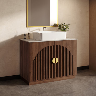 36" Mid-century Modern Bathroom Vanity With Sintered Stone Top & Ceramic Vessel Sink, Grille Cabinet & Gold Handle