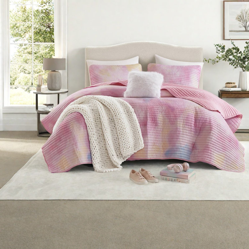 Modern Bedding Sets, Full Queen Microfiber Pink Tie Dye Quilt for Home