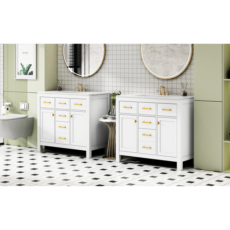 Meuble-lavabo autoportant de 72 po avec lavabo en céramique séparé, quatre tiroirs et armoires pour un rangement organisé, meuble-lavabo simple moderne facile à assembler, fabrication en bois massif, 4 tiroirs, armoires