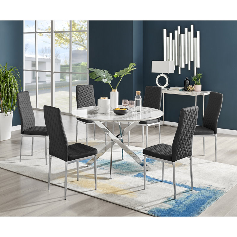 Tierra Modern Chrome Metal & Glass Round Dining Table Set with Quilted Faux Leather Chairs, 6, Black/Silver