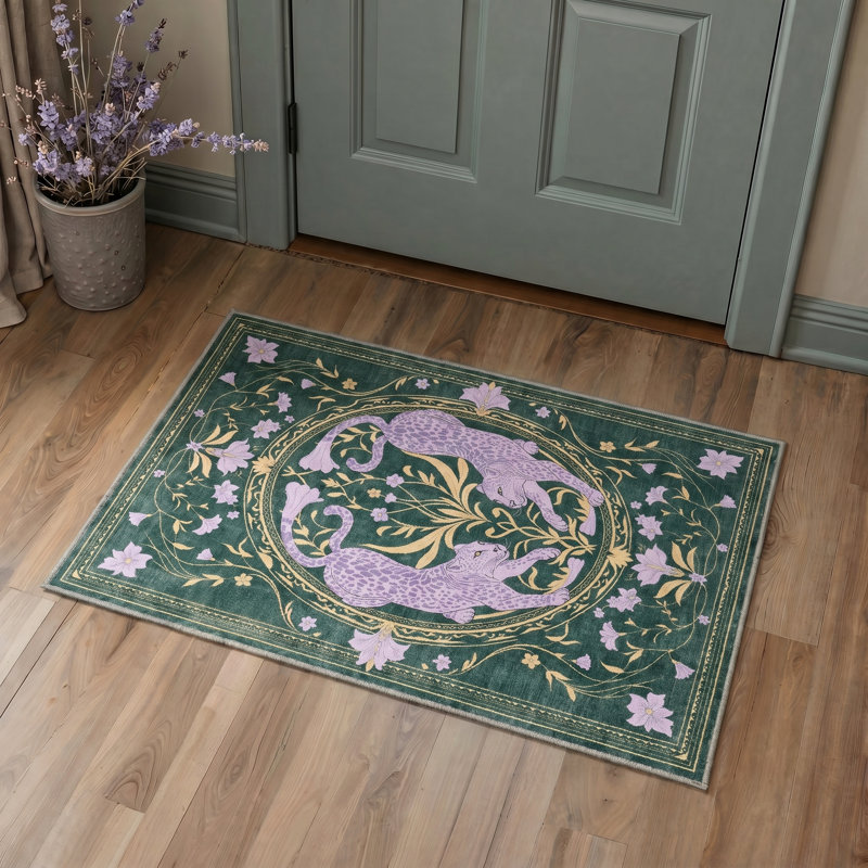 Violeta Animal Print Machine Washable Purple / Green Indoor Area Rug with Non-Slip Backing, Round 5'