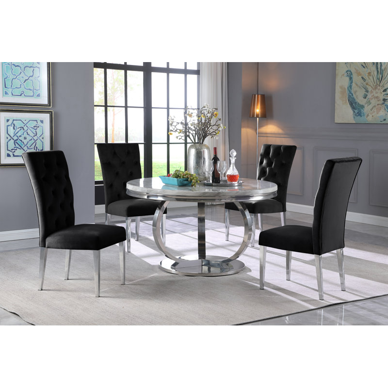 Koio 5 Pieces Round Faux Marble Dining Set , Black, 30"H x 43.5"L x 43.5"W, Silver