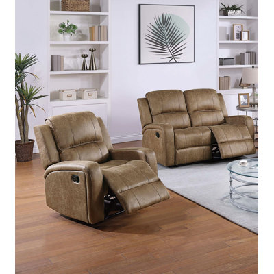 Ensemble de salon 2 pièces 1X Causeuse 1X Fauteuil inclinable carré Coussin d'accoudoir Dossier Léger capitonnage vertical Finition châtaignier Mobilier de salon principal