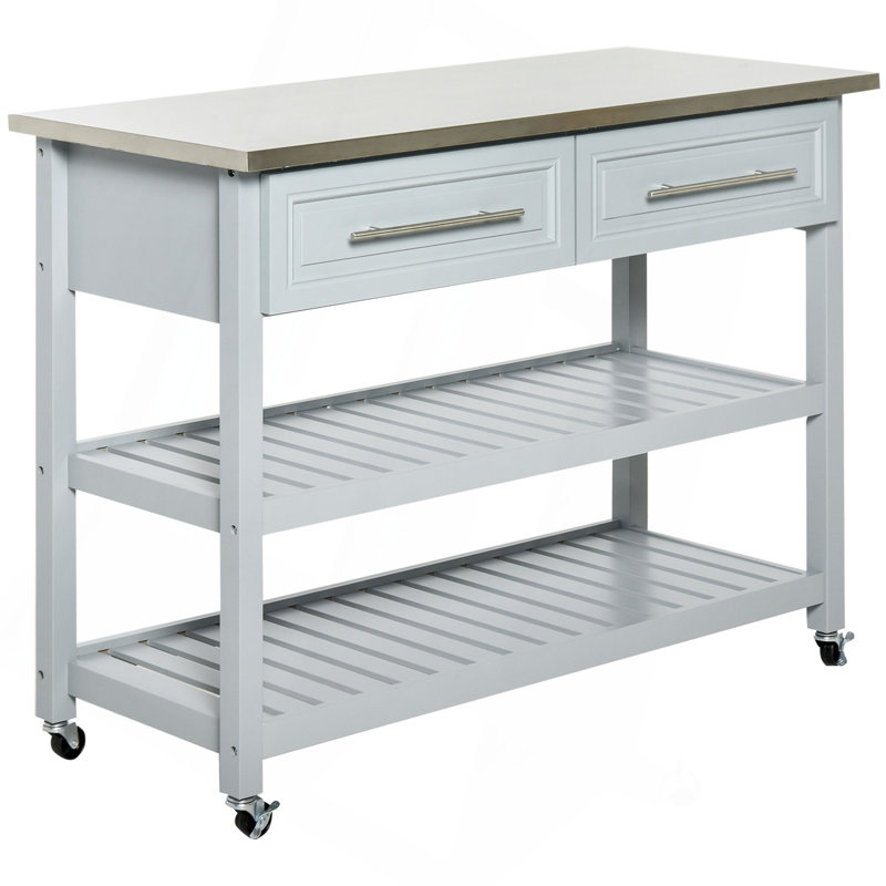 Kitchen Island With Stainless Steel Top, Traditional Kitchen Island With Storage, 2-Tier Open Shelves, Drawers