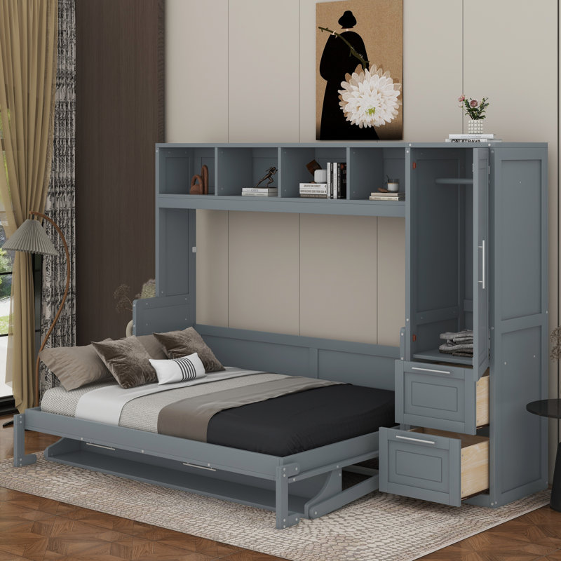 Lit escamotable double avec tiroirs et garde-robe, Gris