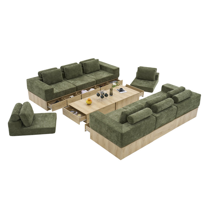 Canapé d'angle modulaire 8 places avec tiroirs de rangement, canapé multifonctionnel en forme de L avec base de rangement intégrée et table basse.