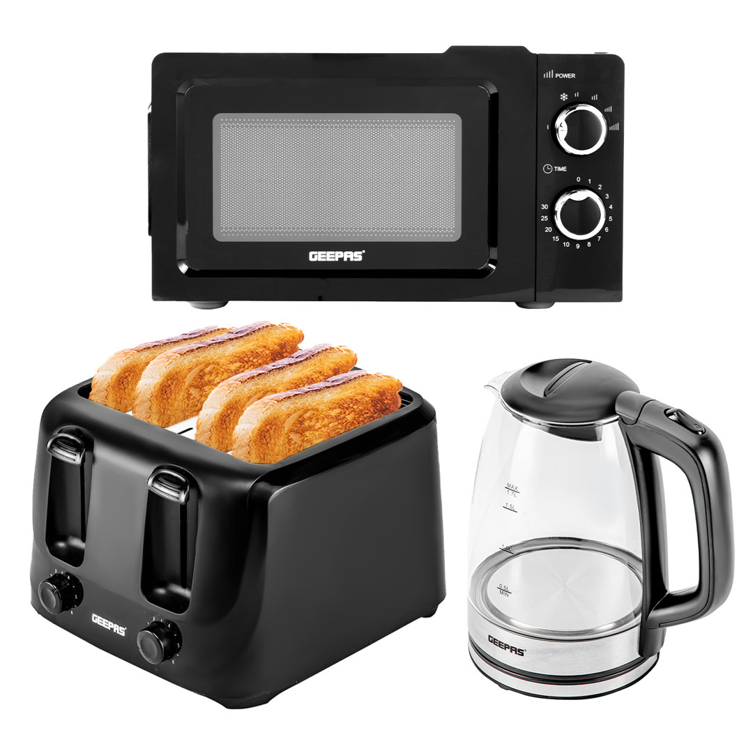 GEEPAS Electric Kettle 4 Slice Bread Toaster & Microwave Kitchen Set | 2200W 1.7L Illuminating Glass Kettle | 1400W Toaster with 6 Level Browning Cont