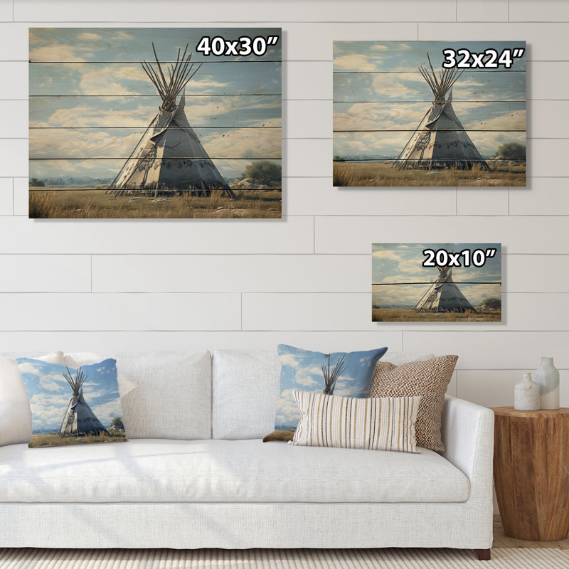 Tipi blanc blanc bleu spirituel - impression sans cadre sur bois, H 24 po x l 32 po x P 0,78 po