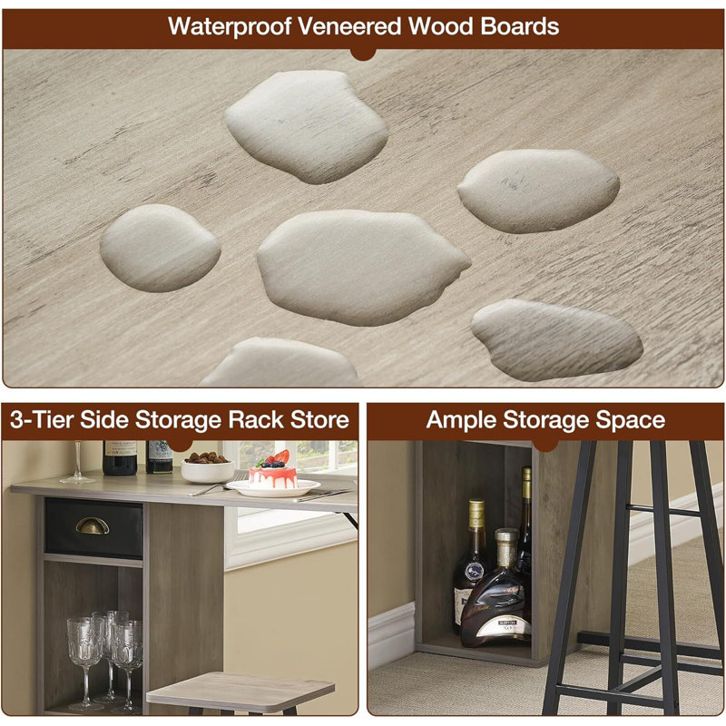 3 Piece Bar Table Set, with 2-Layer Storage Shelf, Gray