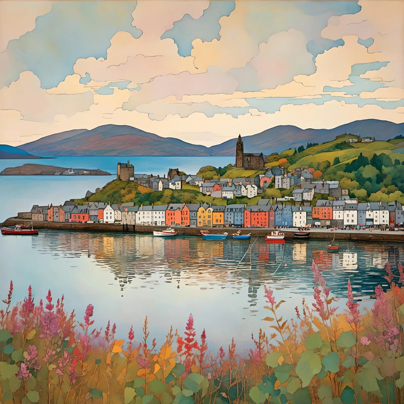 Harbor Reflections - Coastal Village, toile tendue, H 20 po x l 20 po