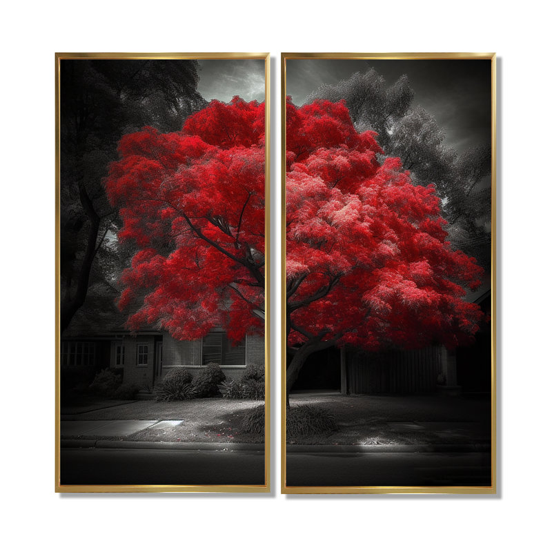 Red Tree Blossom Haven II - art mural moderne rouge 2 panneaux, H 32 po x l 32 po, Reproduction encadrée sans passe-partout