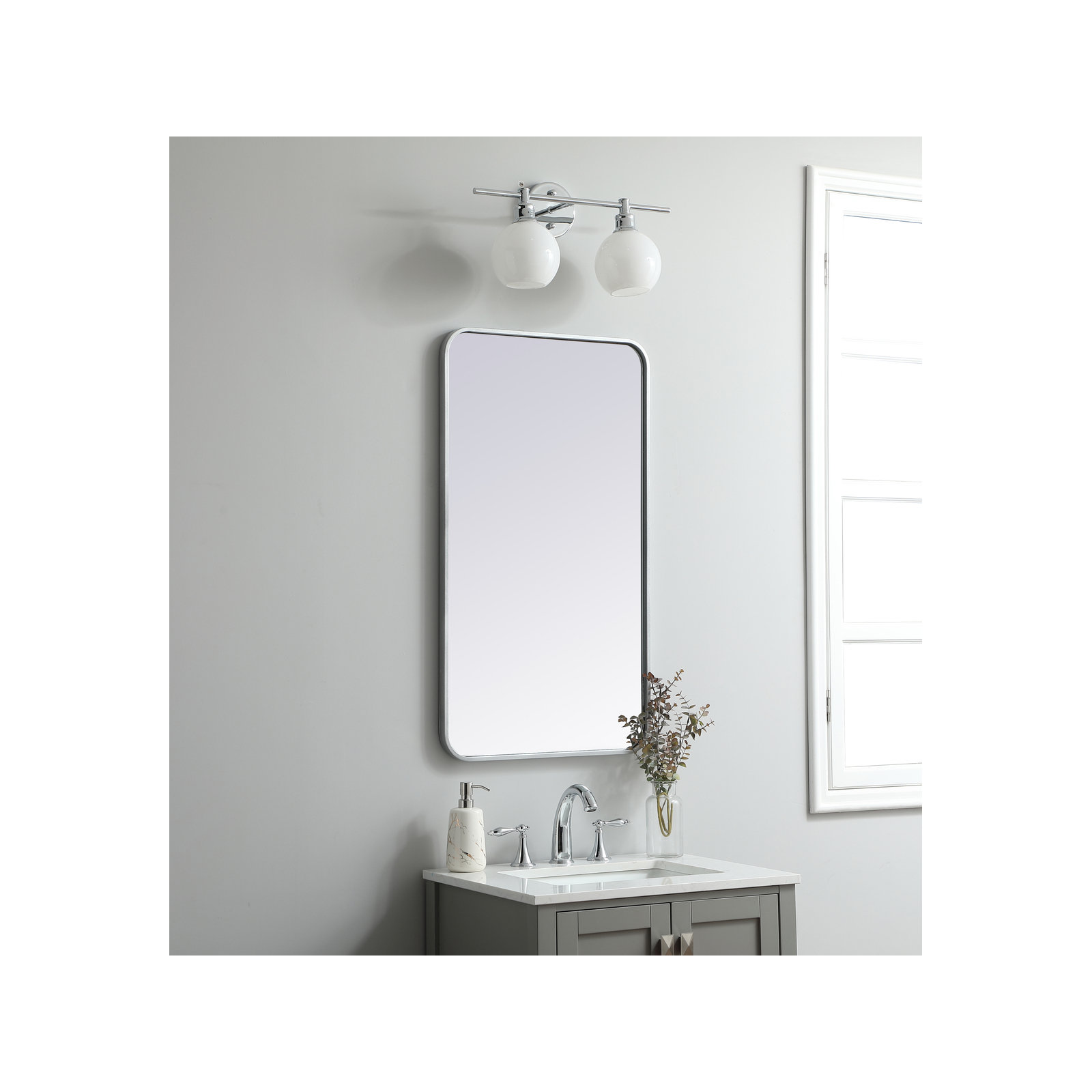 Sabine Metal Rounded Rectangle Wall Mirror, 36" x 20", Silver