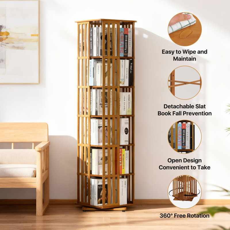 70.5" H x 14.6" W 6-Tier Bamboo Rotating Bookshelf, 360° Revolving Bookcase Corner Freestanding Storage Organizer, Brown