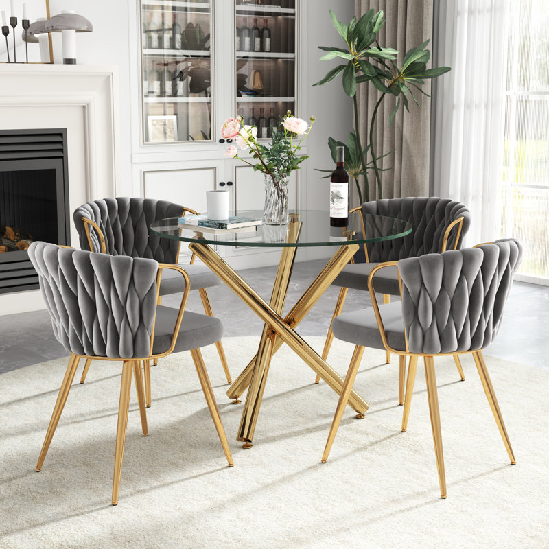 Elegant Round Glass Dining Table Set, 5 Pieces: Table, 4 Chairs, Gray, Gold