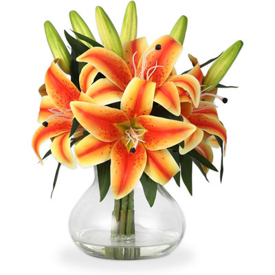 Takywep 6-Pack Realistic Silk Lilies Artificial Flowers with Glass Vase – Lifelike Faux Lily Bouquet for Home Wedding Office Decor, No Maintenance, Bendable Stems, Ready-to-Display