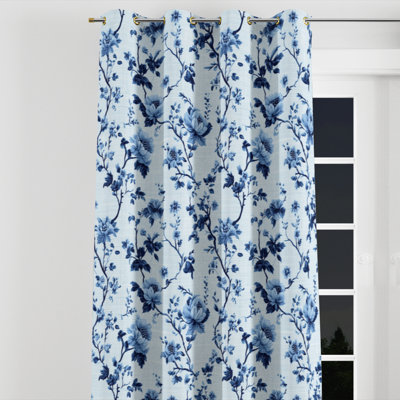 Coastal Window curtains - Beach Blue Toile Velvet Grommet Curtain - 1 Panel
