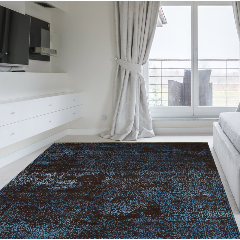 Tapis décoratif noir de conception unique 8 pi 1 po x 10 pi 2 po noué à la main New Age