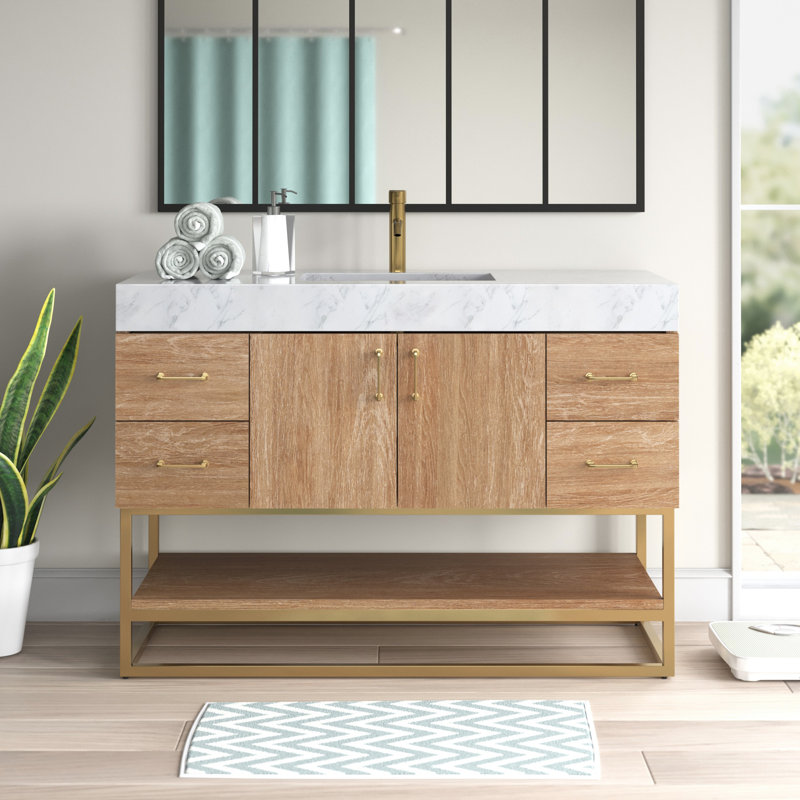 Ensemble de meuble-lavabo simple 48 po Alistair, Doré, Chêne naturel, Blanc