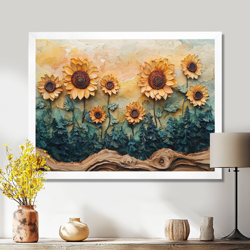 Dirinda tournesols fleurs sur un plateau en bois diapositive I - tournesols, art mural, H 12 po x l 20 po, Blanc