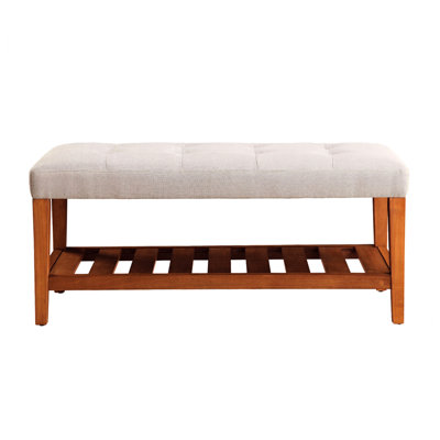 Oak Gray Bench With Fabric Upholstery And Open Slatted Shelf, Button- Full Box Seat, 40" Length For Storage Capacity Storage, 16" Product Width
