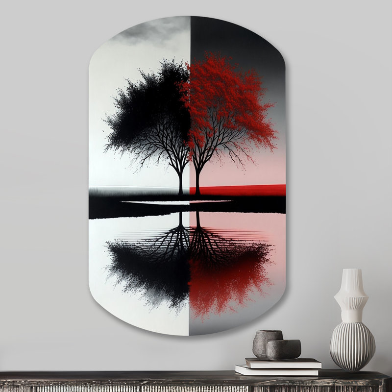 «Red and Black Abstract Trees By The Lake - Landscape Forest Shape Cylinder Assymterical Metal Art mural, H 31 po x l 19 po