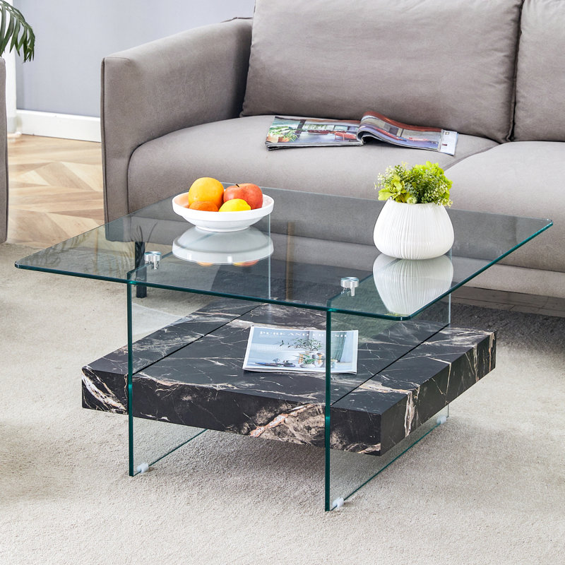 31.4 Inch Modern Two-Tier Square Coffee Table - An Elegant Combination Of Clear Glass And Marble Pattern Sticker.It Can Be Used As A Coffee Table,A Side Table Or A Display Stand.