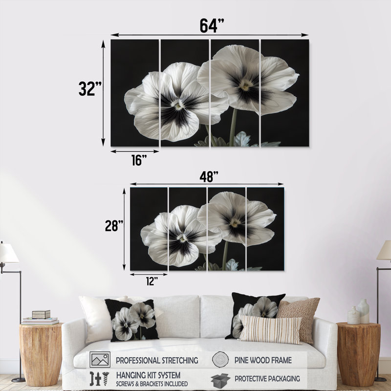 «White Black Botanical Beauty Pansies II - Pansies», ensemble de reproduction d'art mural, H 32 po x l 64 po