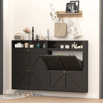 Metal Shoe Cabinet with 2 Flip Drawers, Wall Mounted Shoe Organizer, Narrow Slim Hidden Shoe Rack for Entryway