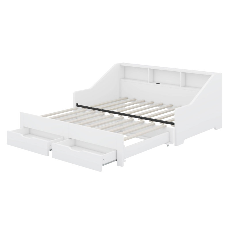 Carrol Twin to King Size Daybed Frame with Storage Bookcases, Two Drawers and Charging Design, White