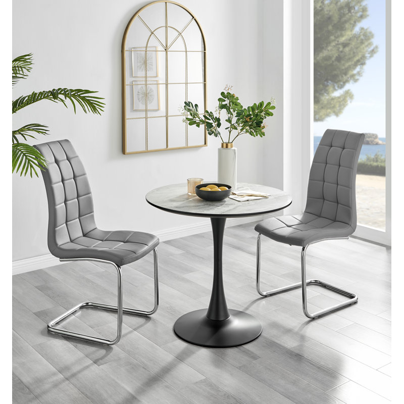 Elina White Marble Effect Melamine Round 80cm Dining Table and 2 Faux Leather Dining Chairs, Gray/Silver