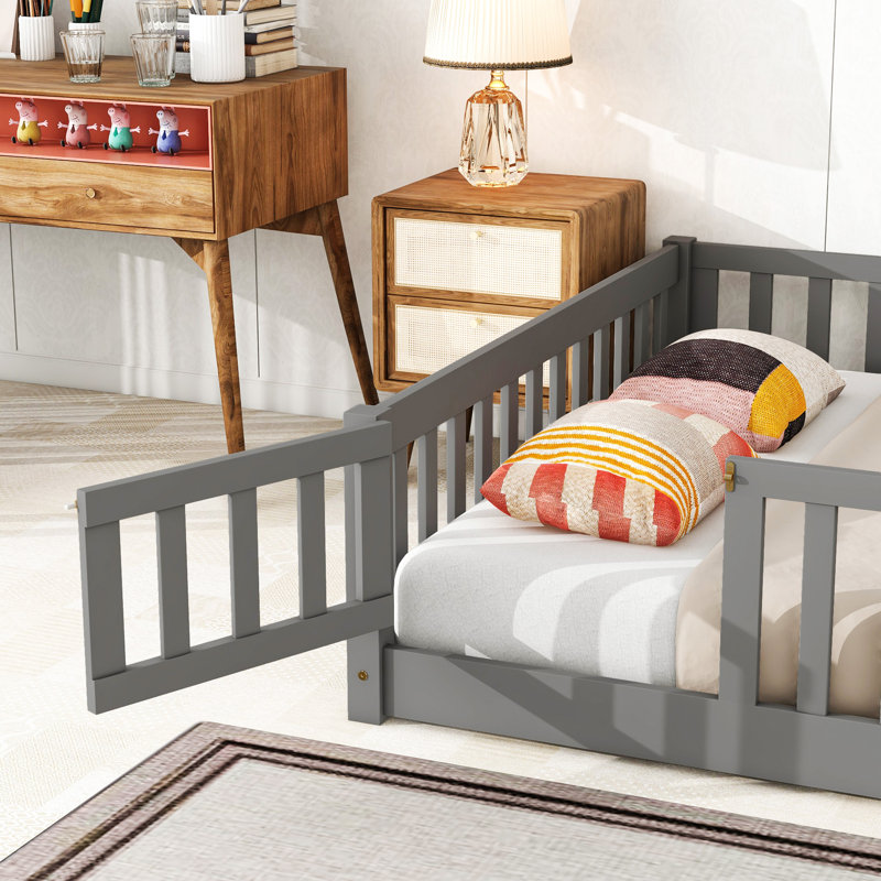 Platform Slat Bed with Door and Fence, Gray, Full