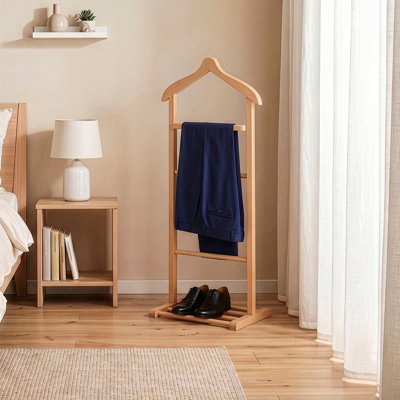 Elegant Valet Stand, 100% Beech Wood, 13.2 x 47.2 x 18.1 inches | Multipurpose Hanger in Natural Brown | Sturdy Design for Organizing Clothes, Accessories & More | Perfect for Bedroom, Entryway & Closet Storage Solutions