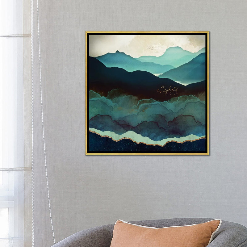 « indigo montagnes » par spacefrog designs-impression, H 26 po x l 26 po x P 1,5 po, Toile encadrée d'or