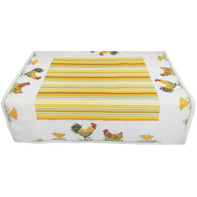 Farmhouse Hens & Chicks Embroidered Table Topper with Striped Border, 54x54 Inch, White/Yellow