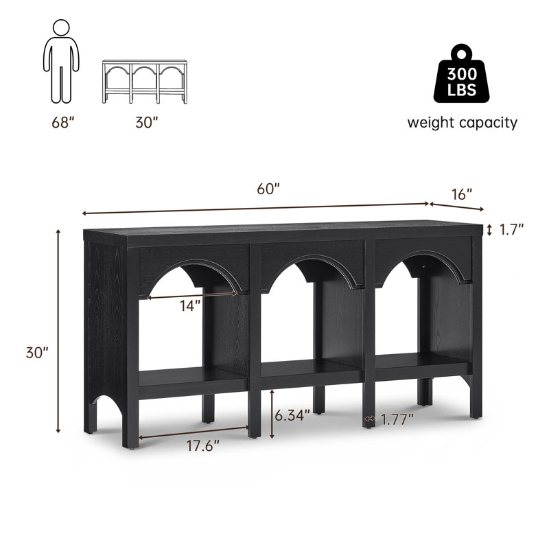 60" Modern Console Table, Entryway Table with Open Shelf and Arched Design for Hallway & Living Room, Black