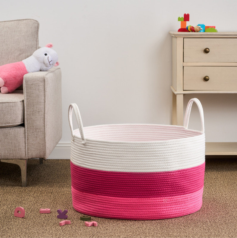 Panier à linge rond en coton blanc, Blanc / Rose