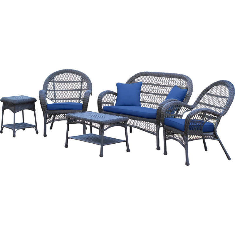 Mangum 4 - Person Patio Conversation Set with Cushions, Espresso, Navy Blue