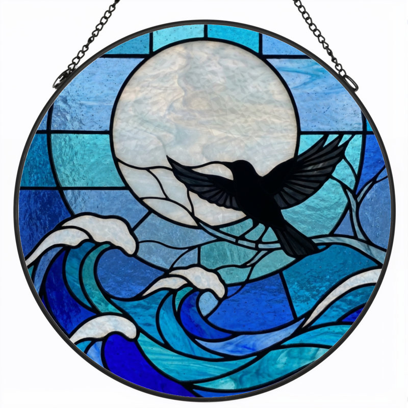 7.8"H Moon Bird Stained Glass Window Panel, 7.8" H x 7.8" W