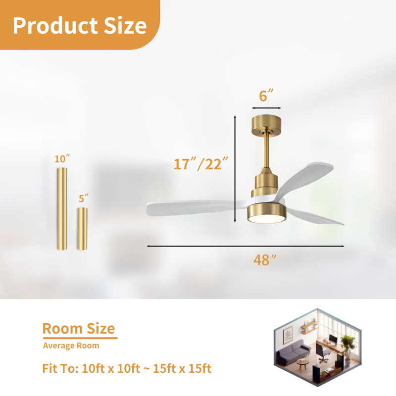 48 Inch Wood Ceiling Fan With 3 Solid Wood Blades Remote Control Reversible DC Motor For Living Room, Gold, White