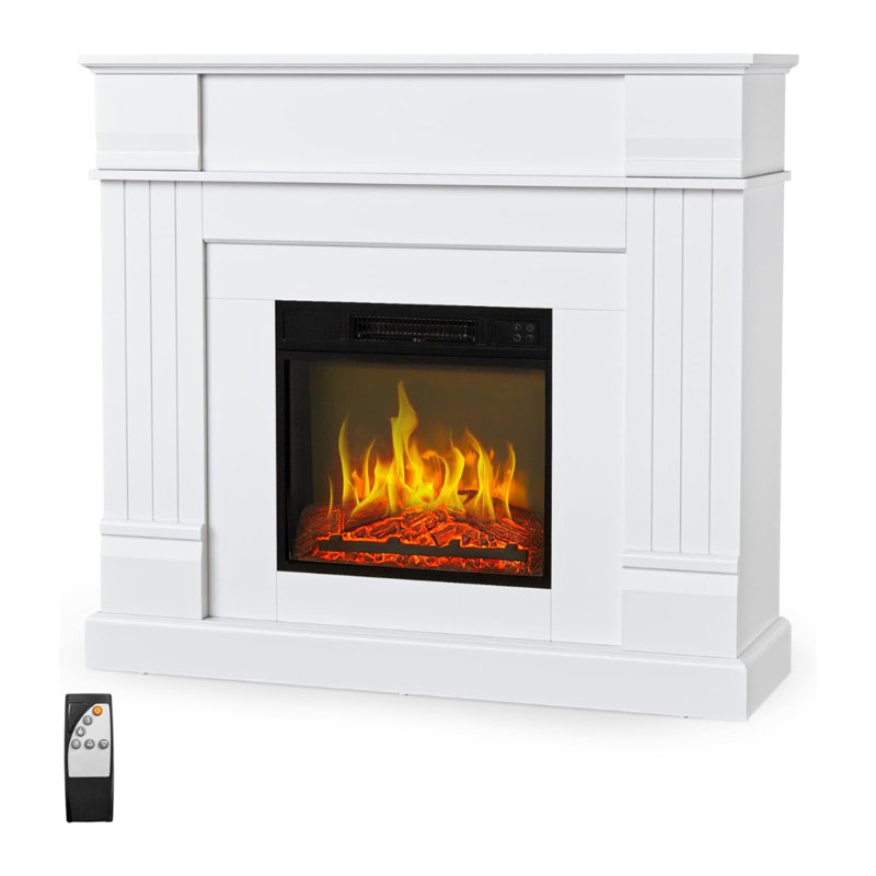 43 In. Freestanding Electric Fireplace In White With Wooden Cabinet, 39.37" H x 43.3" W x 13.58" D