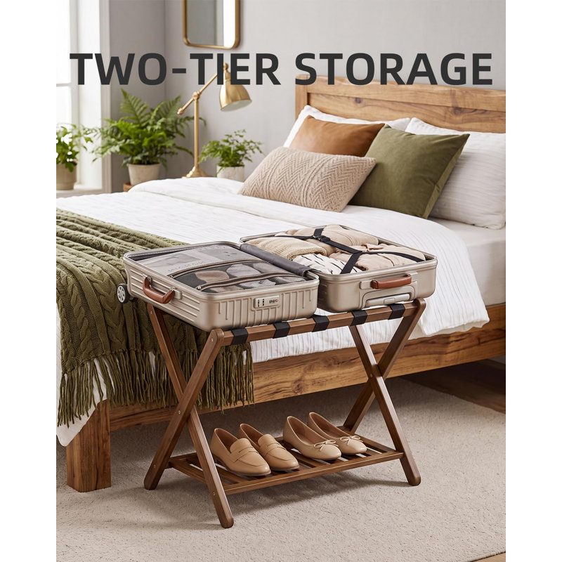 Porte-bagages, ensemble de 2, support pliable en bambou avec tablette de rangement pour chambre d'amis, chambre à coucher, hôtel, robuste (noyer)