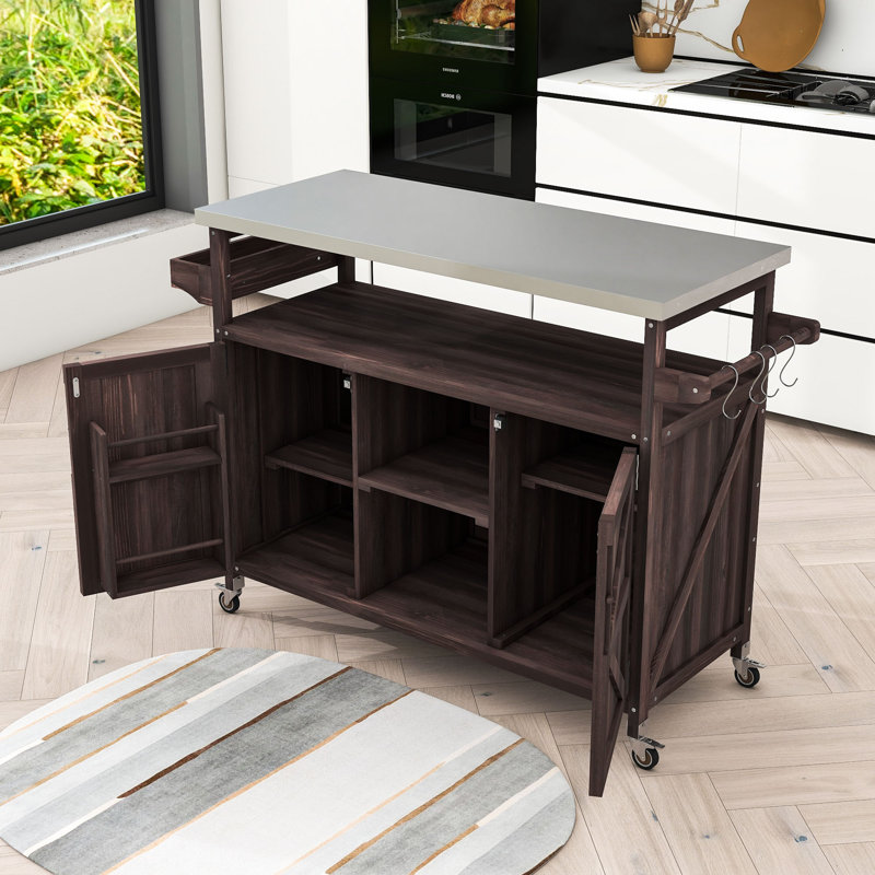 Miho Rolling Kitchen Island with Storage Cabinet, Grill Table with Stainless Steel Top and Spice Rack, Dark Brown