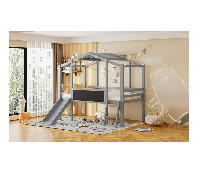 Lit mezzanine simple avec glissoire, échelle et panneau noir - Structure de lit superposé pour enfants en bois massif gris