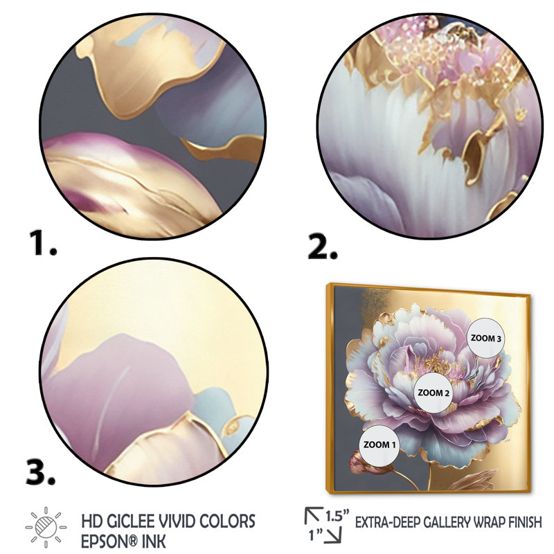 Art floral sur toile, pivoines à teinte mauve simple I, Impression encadrée, H 30 po x l 30 po, Doré