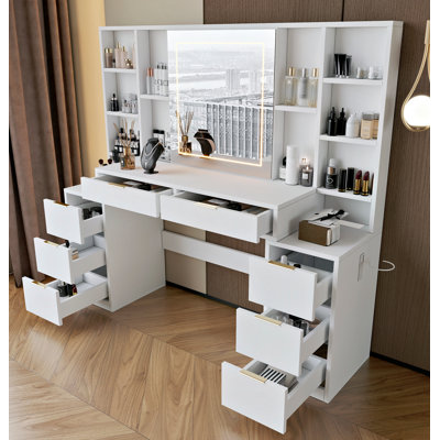 Makeup Vanity Desk With Mirror And Lights, 59" Large Vanity Table With 8Drawers & Open Storage Shelves, Brightness Adjustable, Dressing Table For Bedroom, Women And Girl