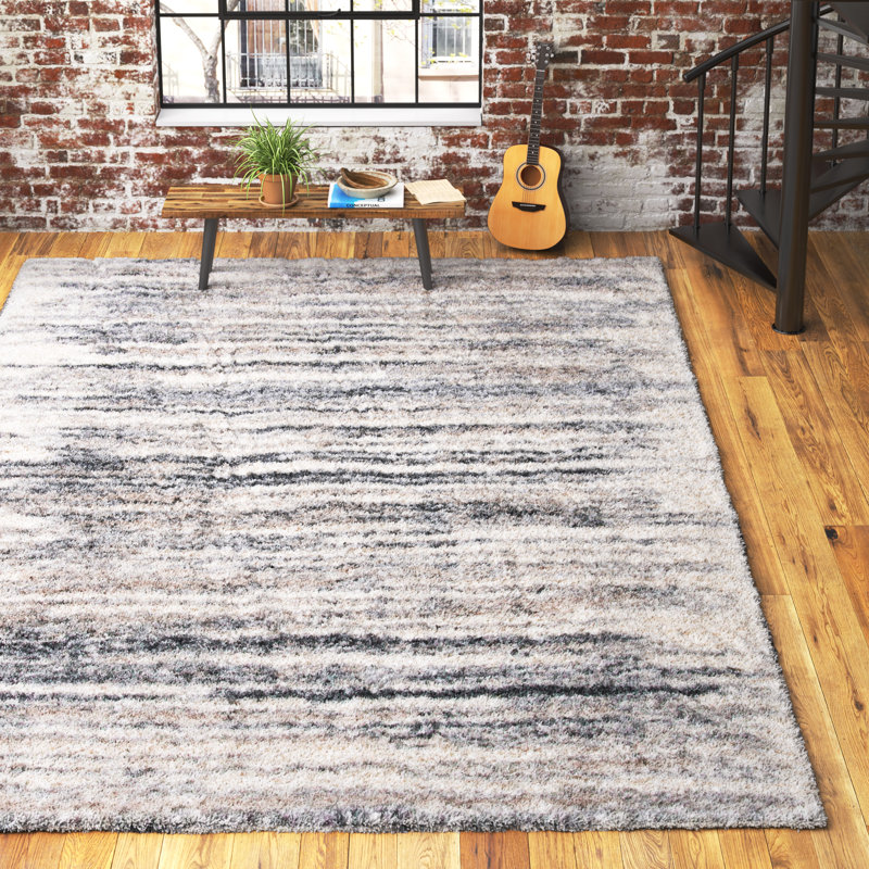 Ivory and Grey Hand-knotted Shag Area Rug, 4' x 6'