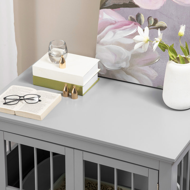 Small Dog Crate, With Solid Construction, Grey Wooden Kennel As End Table, For Dogs,