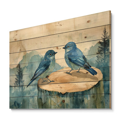 Blue And White Birds On A Wood Slide II - Bird Wood Wall Decor - On Natural Pine Wood